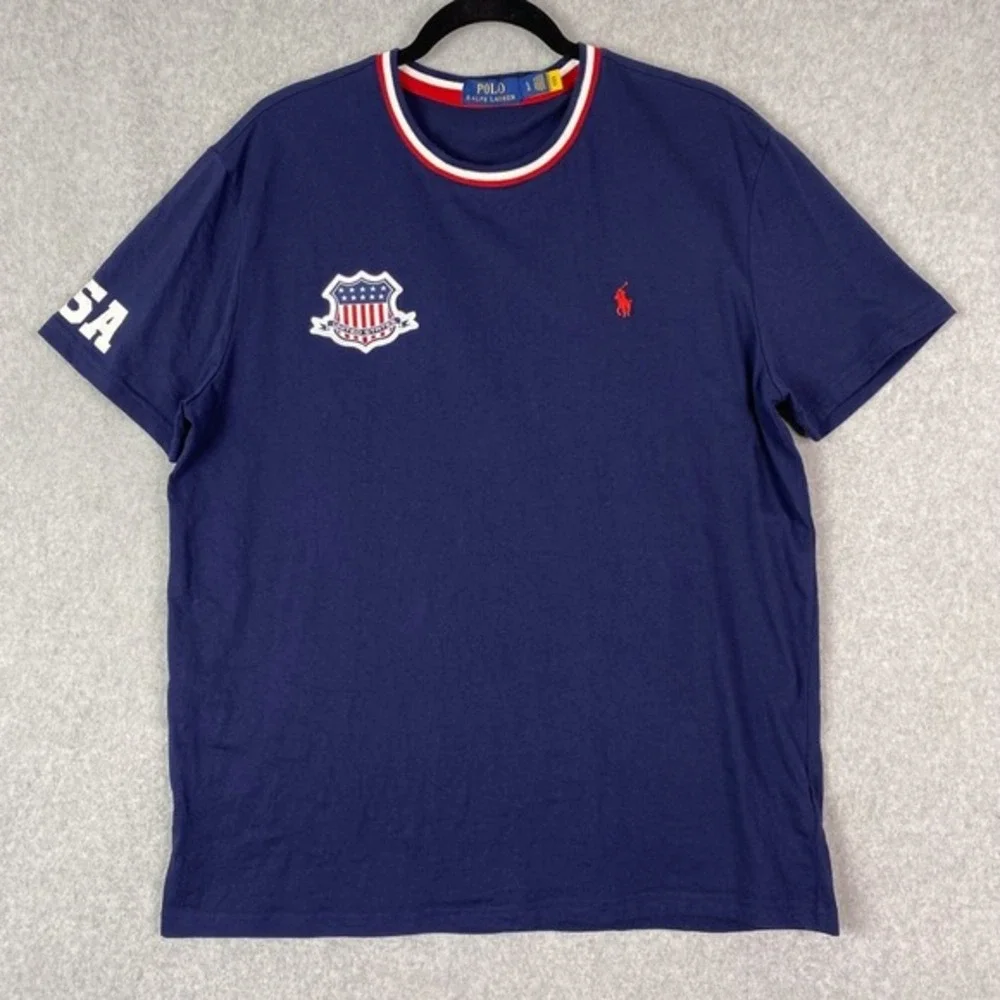 Polo Ralph Lauren Shirt Mens‎ L Navy Blue USA Shield Crewneck Short Sleeve